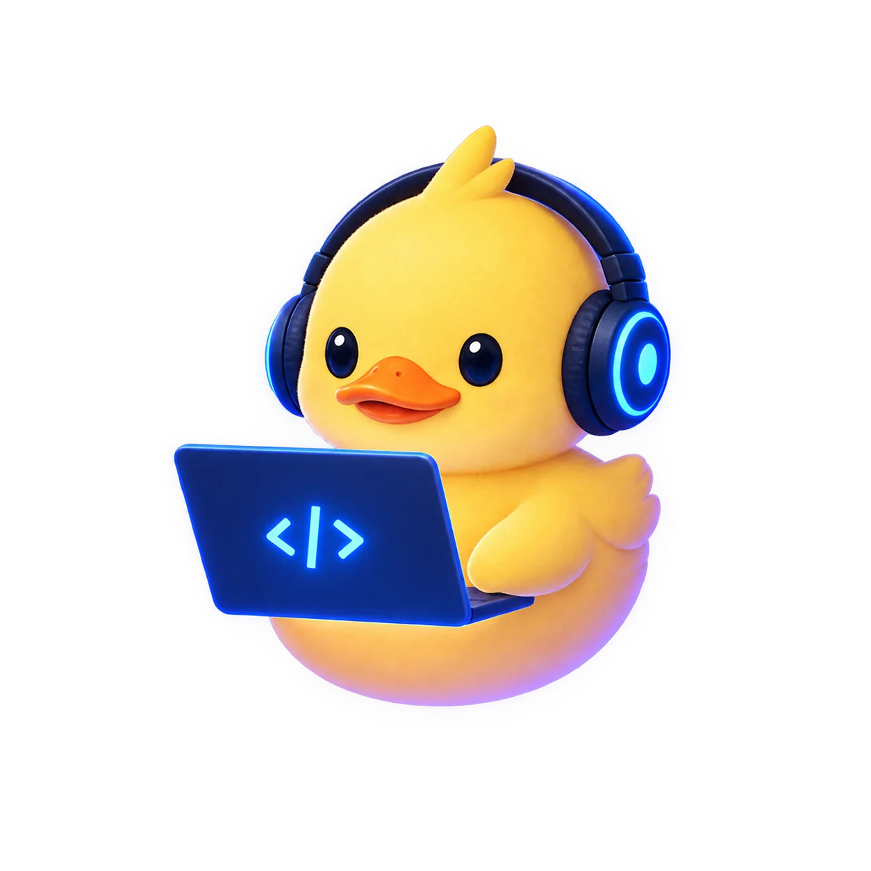 A developer duck wearing headphones and coding on a laptop